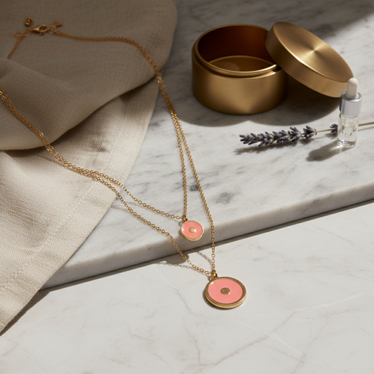 Gold necklace with salmon pendant on a marble surface with a gold container and lavender.