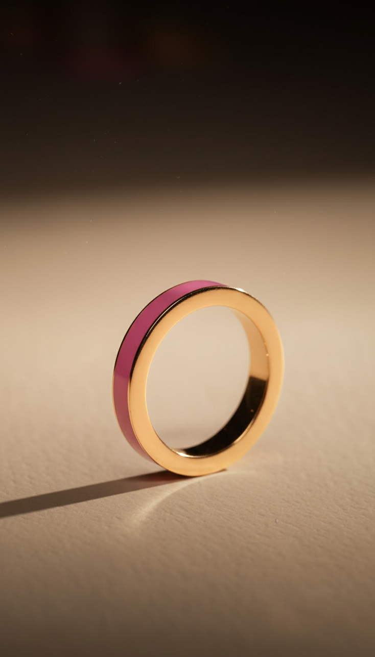 Gold ring with a pink band on a beige background