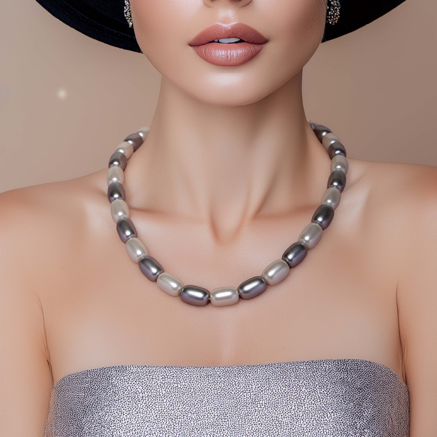 Grey & White Barrel Pearl Necklace