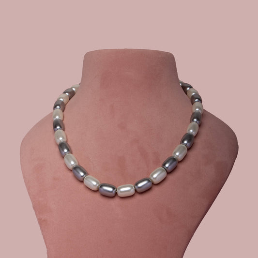 Grey & White Barrel Pearl Necklace on Neck