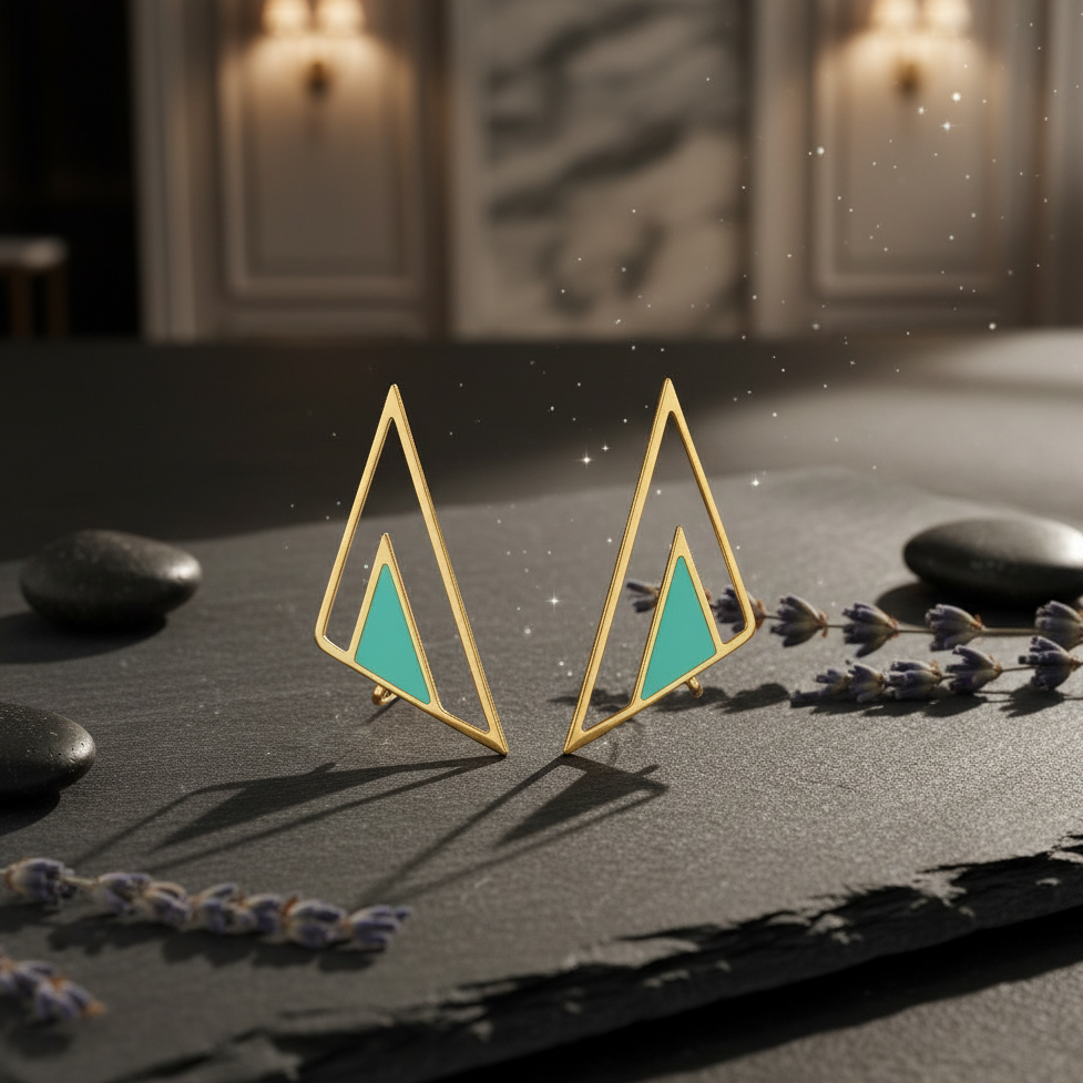 Gold and teal triangle earrings on a dark surface with stones and lavender.