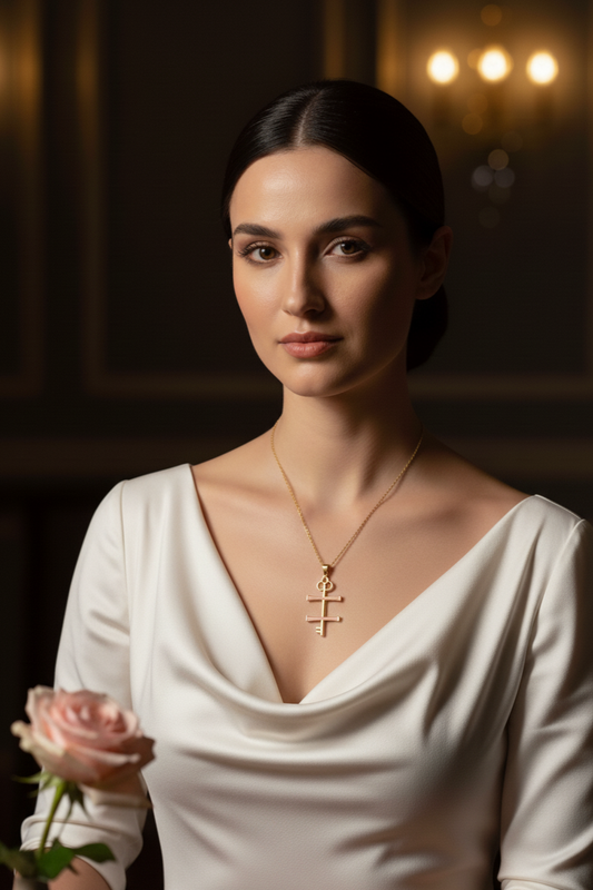Woman in a white dress with a gold necklace holding a rose in a dimly lit room.