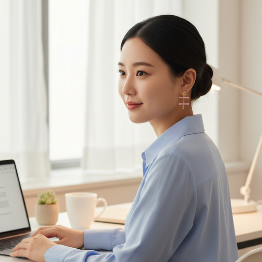 Woman sitting at a desk with a laptop, wearing a light blue shirt.