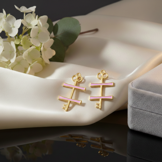 Gold earrings with pink accents on a white surface with flowers and a jewelry box.