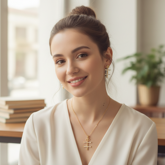 Woman wearing gold jewelry in a bright indoor setting