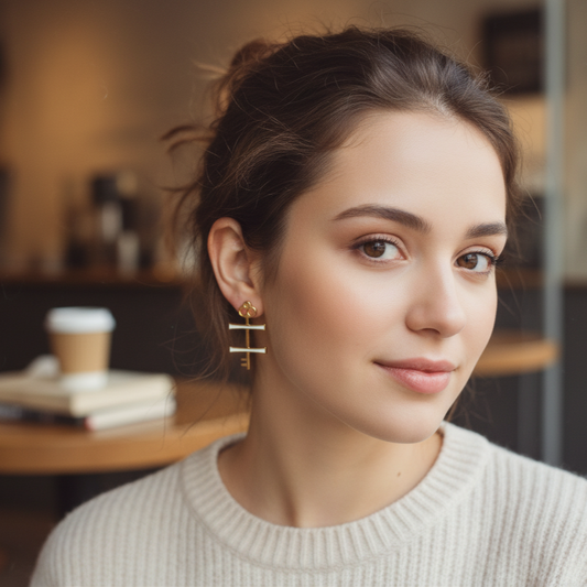 Woman wearing gold earrings in a casual setting with a blurred background