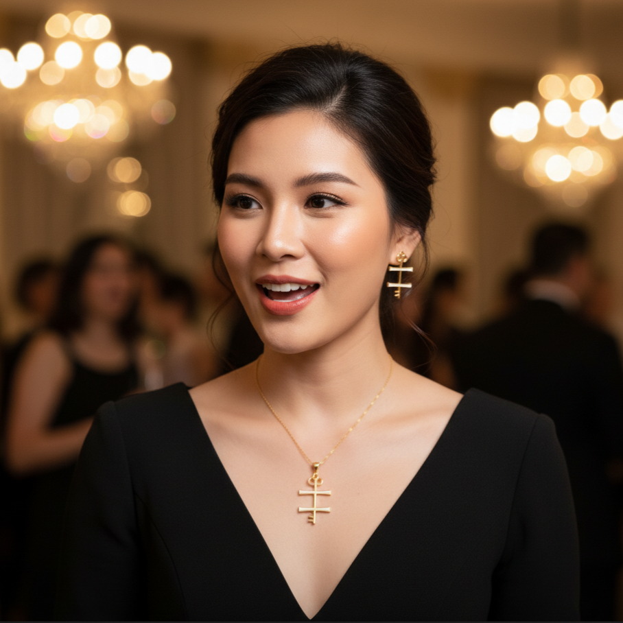 Woman wearing gold jewelry in a formal setting