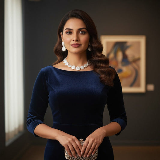 Woman in a blue dress with a necklace and clutch in an indoor setting
