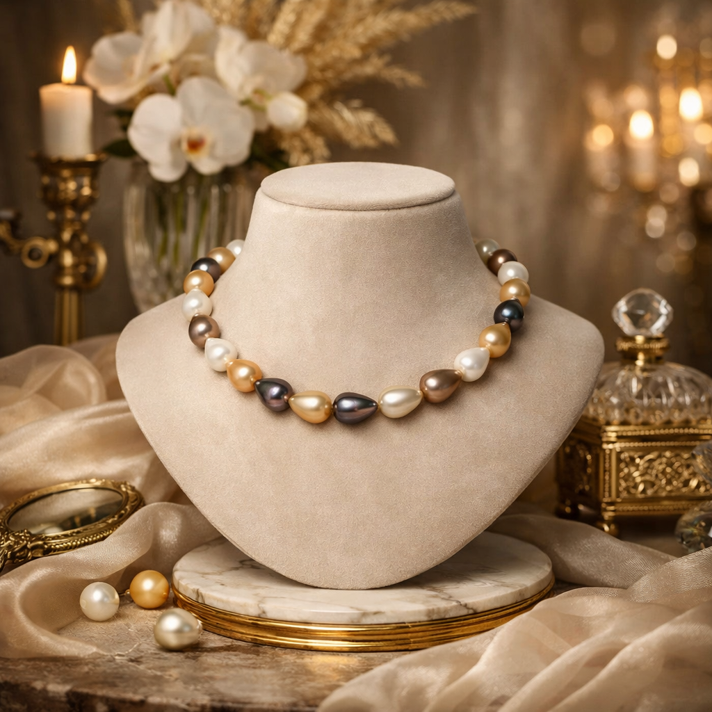 Pearl necklace on a stone bust with decorative background
