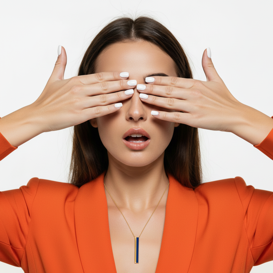 Woman in an orange blazer covering her eyes with her hands on a white background