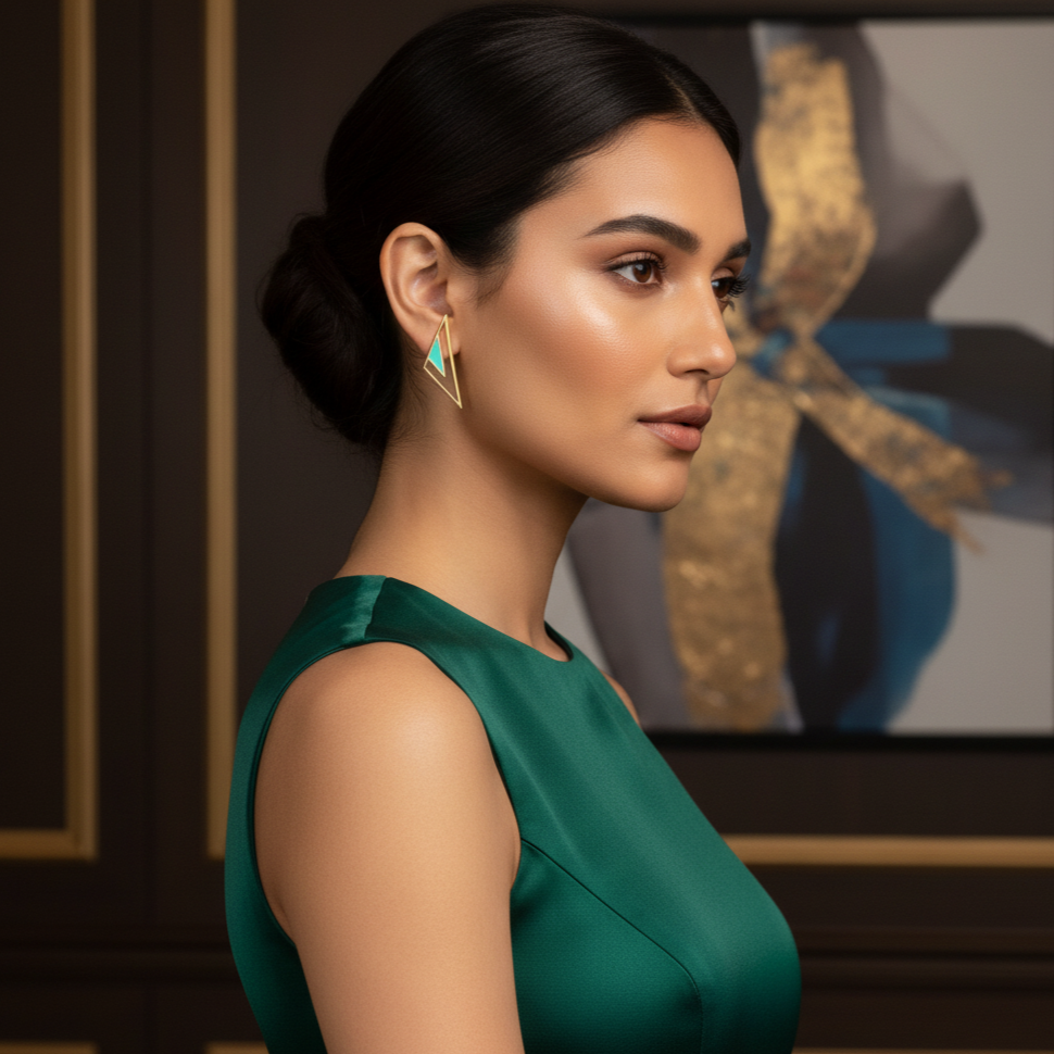 Woman in a green dress and iris earrings