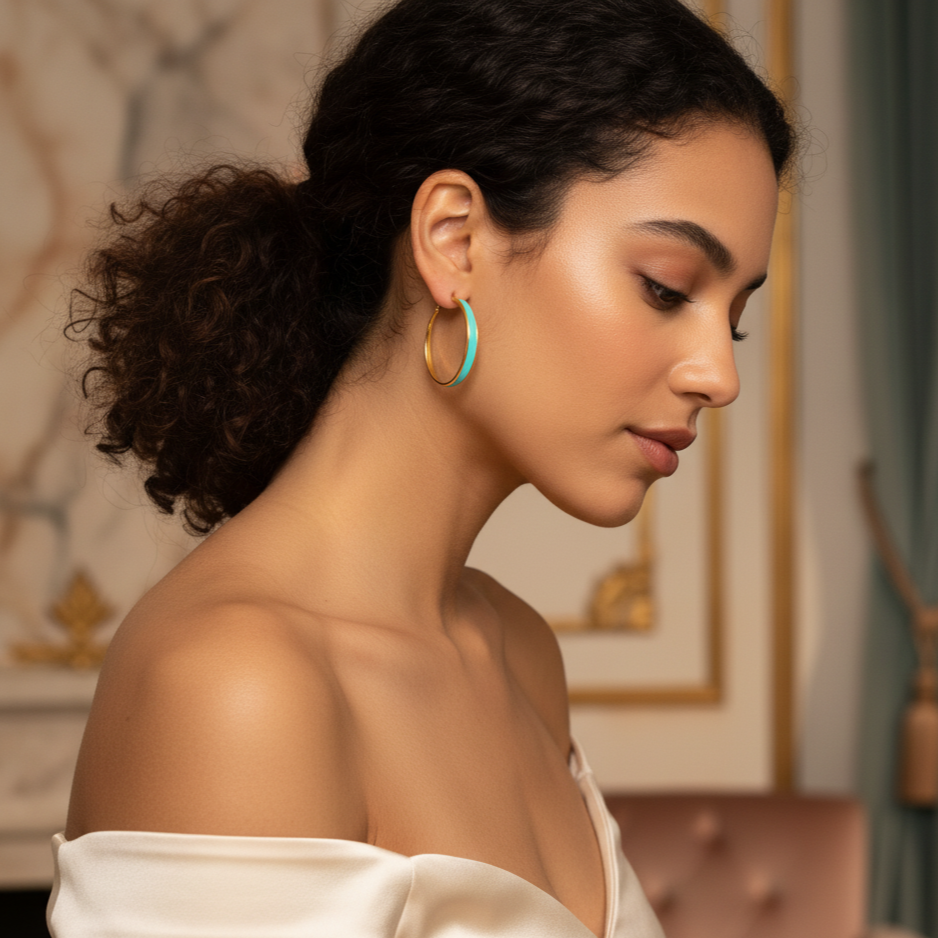 Woman wearing gold hoop earrings with a blurred indoor background
