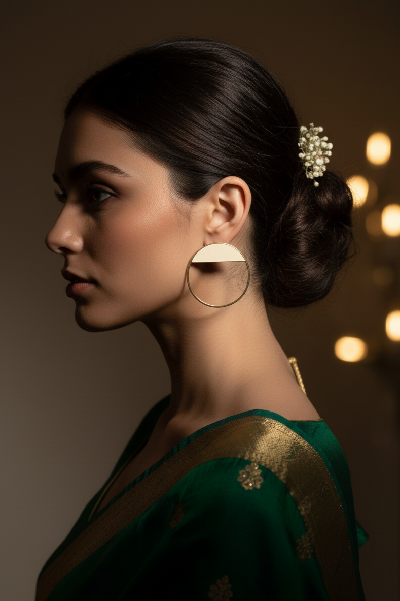 Woman wearing gold earrings and a green saree with a blurred background