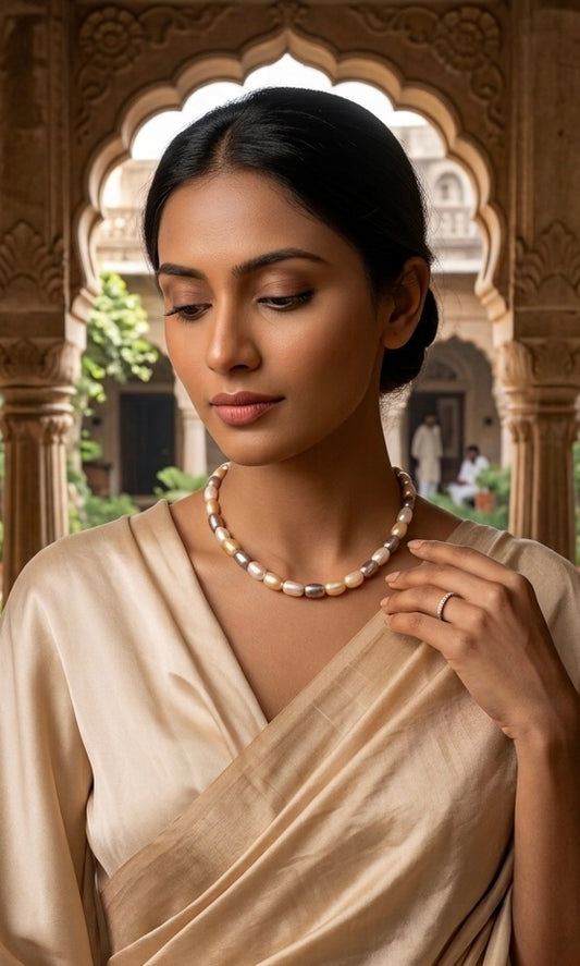 White, Silver & Golden Barrel Pearl Necklace