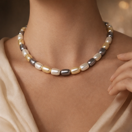 White, Silver & Golden Barrel Pearl Necklace