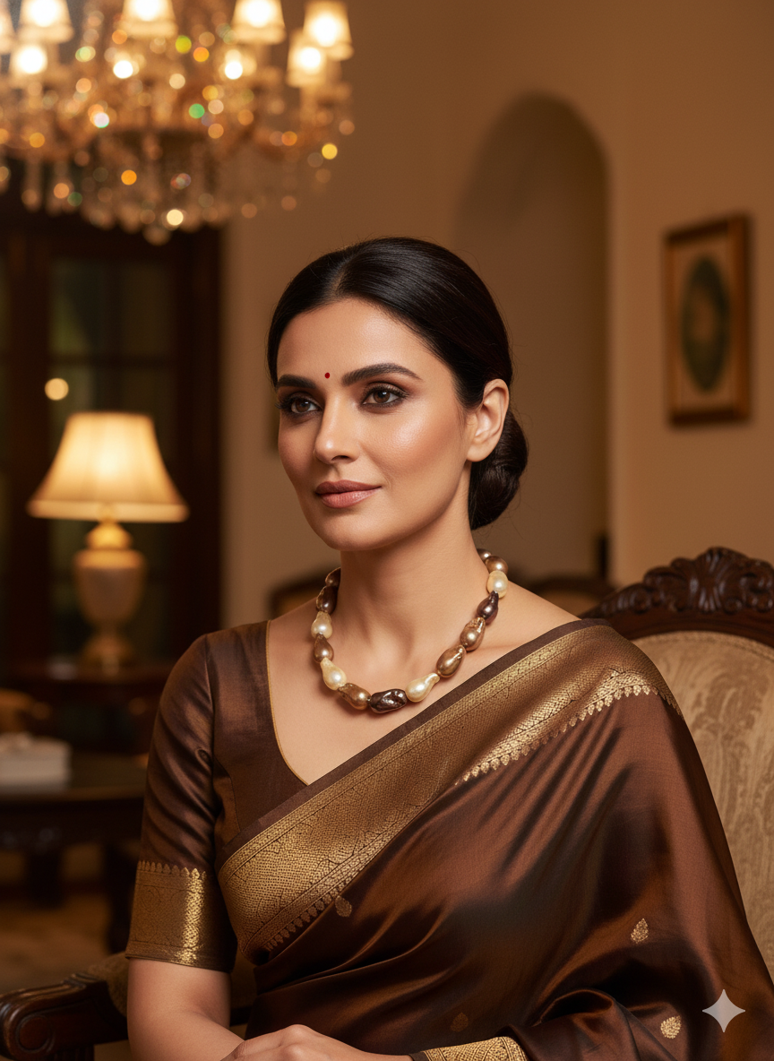 Woman in a saree wearing a pearl string