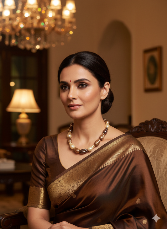 Woman in a saree wearing a pearl string