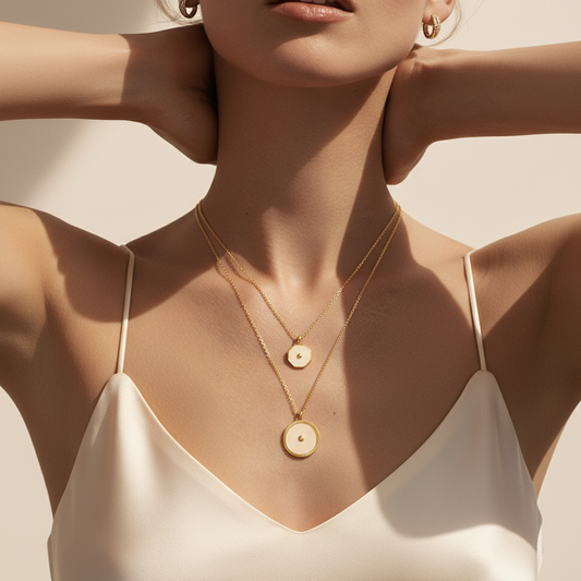 Woman wearing a gold necklace with circular pendants against a neutral background