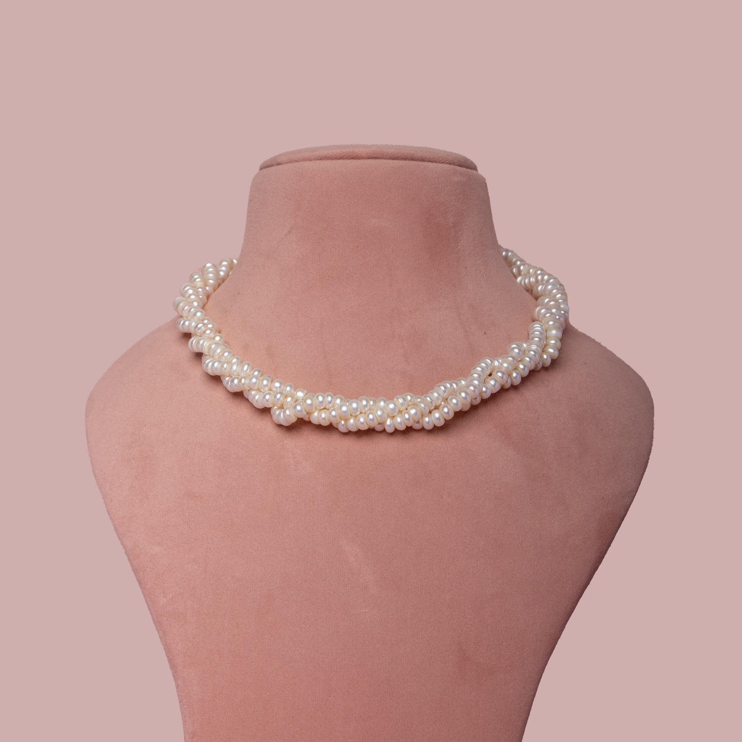 Pearl Necklace - White Buttons - 3 Layers Intertwined