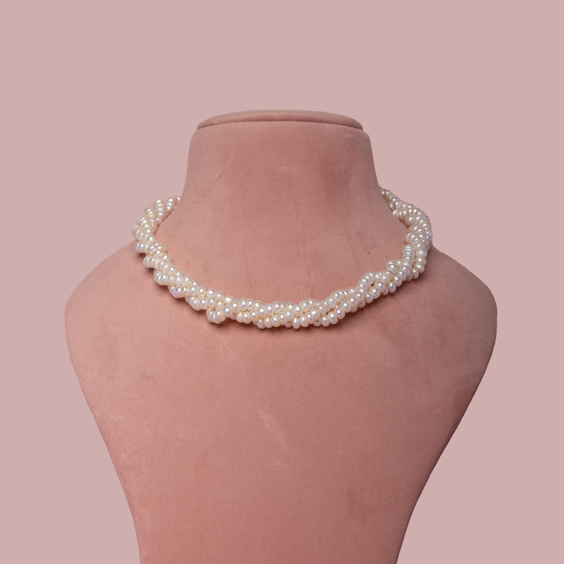 Pearl Necklace - White Buttons - 3 Layers Intertwined