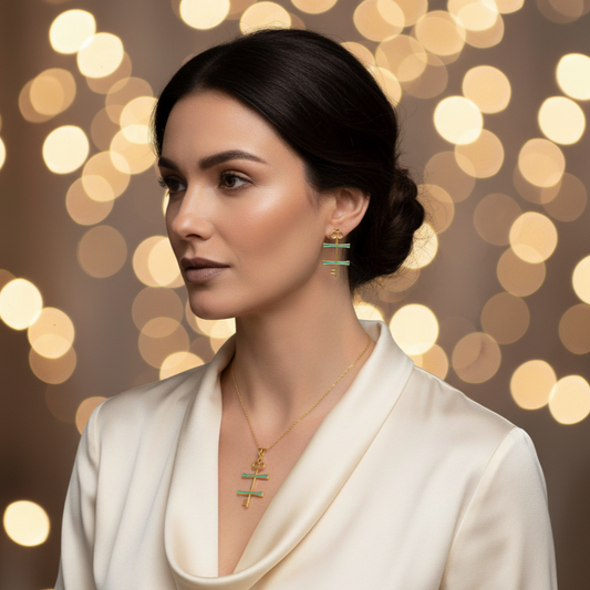 Woman wearing jewelry with a bokeh light background