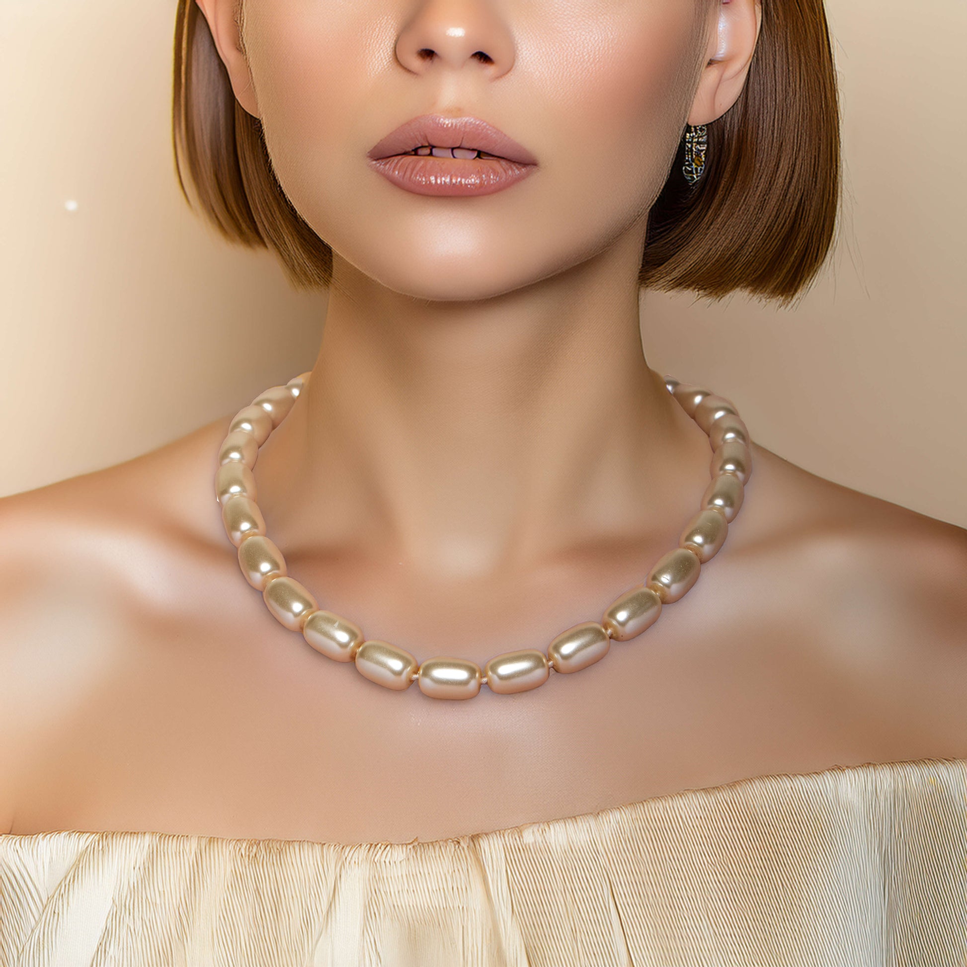 Gold Barrel Pearl Necklace