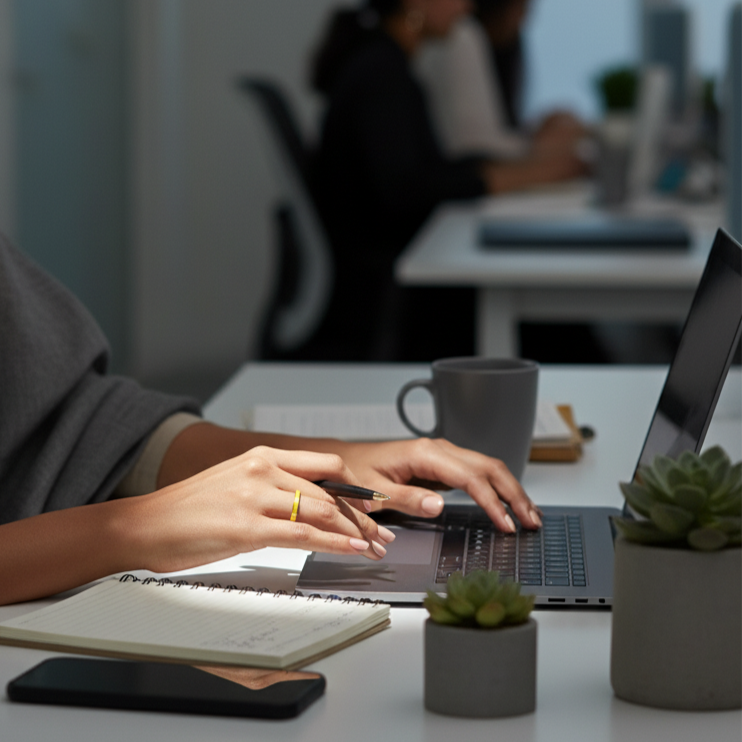 Woman working on a laptop wearing a yellow ring