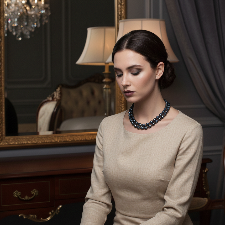 Woman in a beige dress sitting in an elegant room with a mirror and lamp.