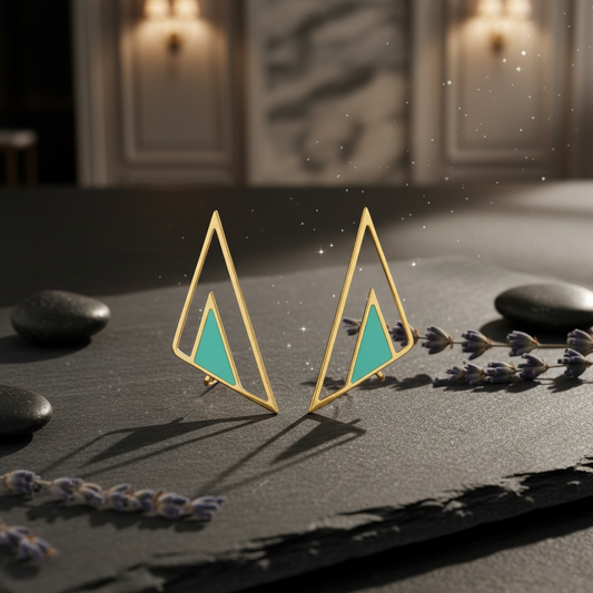 Gold and teal triangle earrings on a dark surface with stones and lavender.