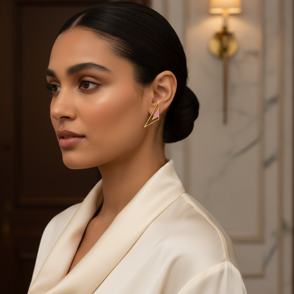 Woman wearing a gold triangle earring with pink enamel in an elegant indoor setting.