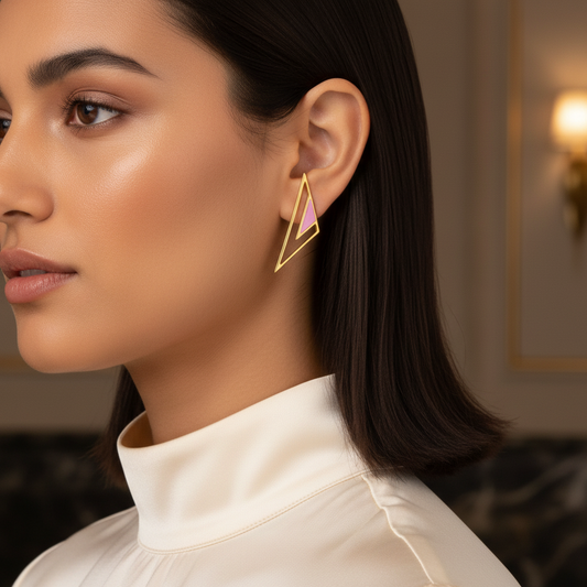 Close-up of a woman wearing a gold triangle earring with pink enamel