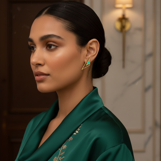 Woman wearing a green outfit with a gold earring in an indoor setting