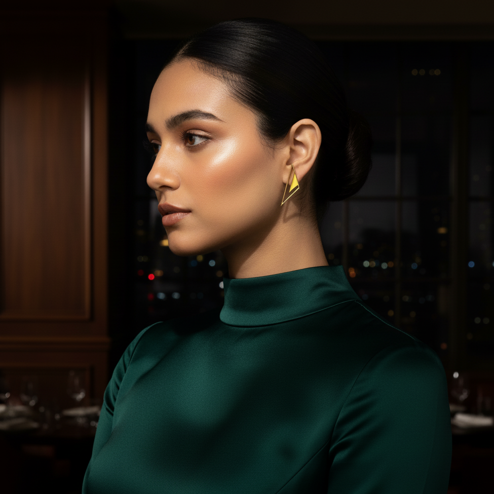 Woman wearing a green dress with yellow iris earrings.