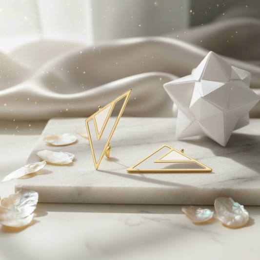 Gold geometric earrings on a marble surface with a white geometric earrings and seashells.