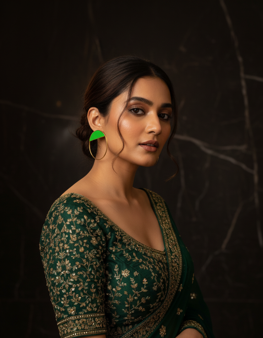 Woman wearing green hoops with an indian outfit. 