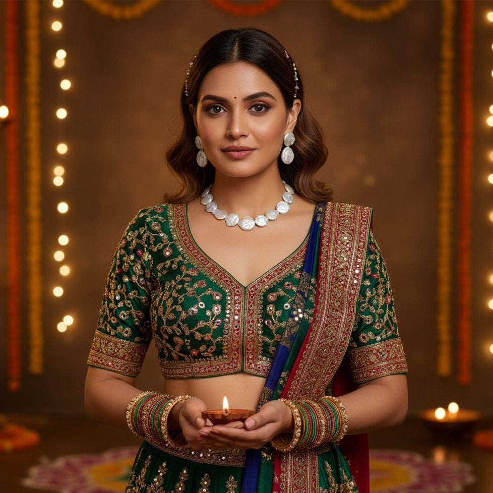 Woman in traditional green and gold outfit holding a lit candle against a decorated background for Diwali