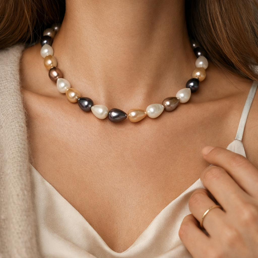 Pearl necklace worn by a person with a neutral background