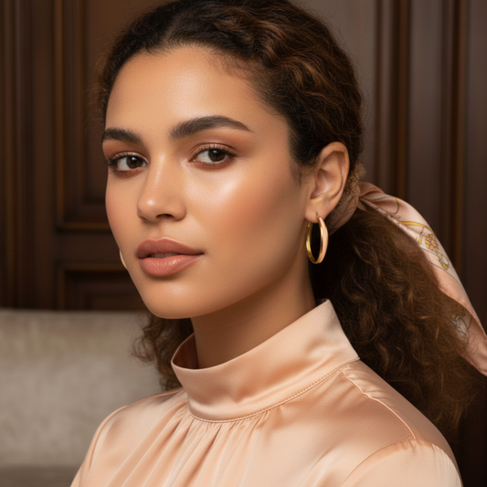 Woman wearing salmon orchid hoops