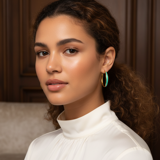 Woman wearing a white top with teal green earrings