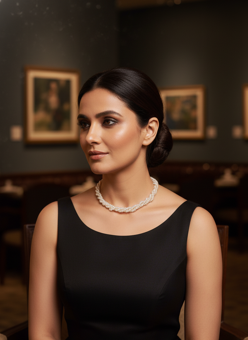 Woman wearing a black dress and pearl necklace in an elegant setting
