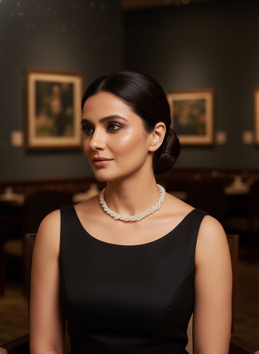 Woman wearing a black dress and pearl necklace in an elegant setting