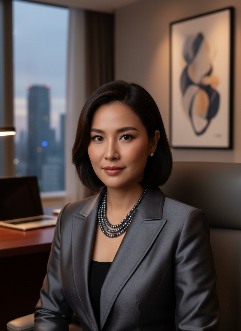 Woman in a professional setting with a cityscape view