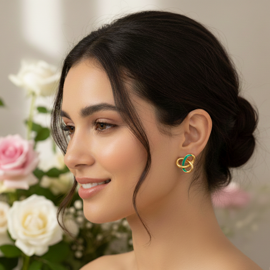Woman wearing a gold and green earring with flowers in the background