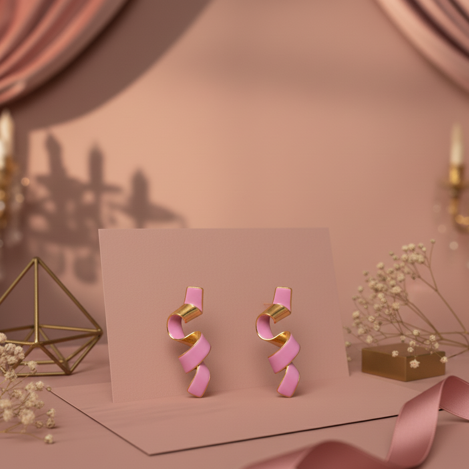 Pink and gold earrings on a pink card with a soft pink background