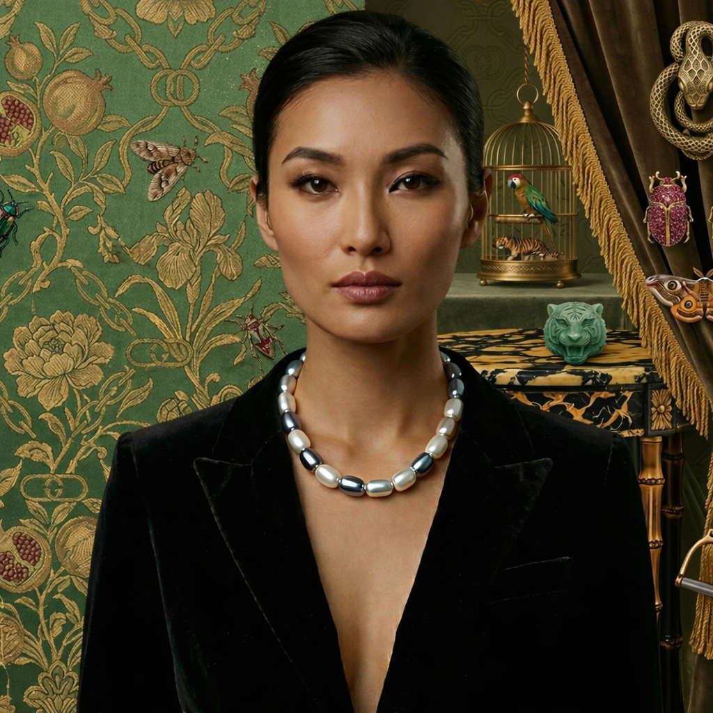 Woman wearing a black blazer and pearl necklace in an ornate room with decorative wallpaper and furniture.