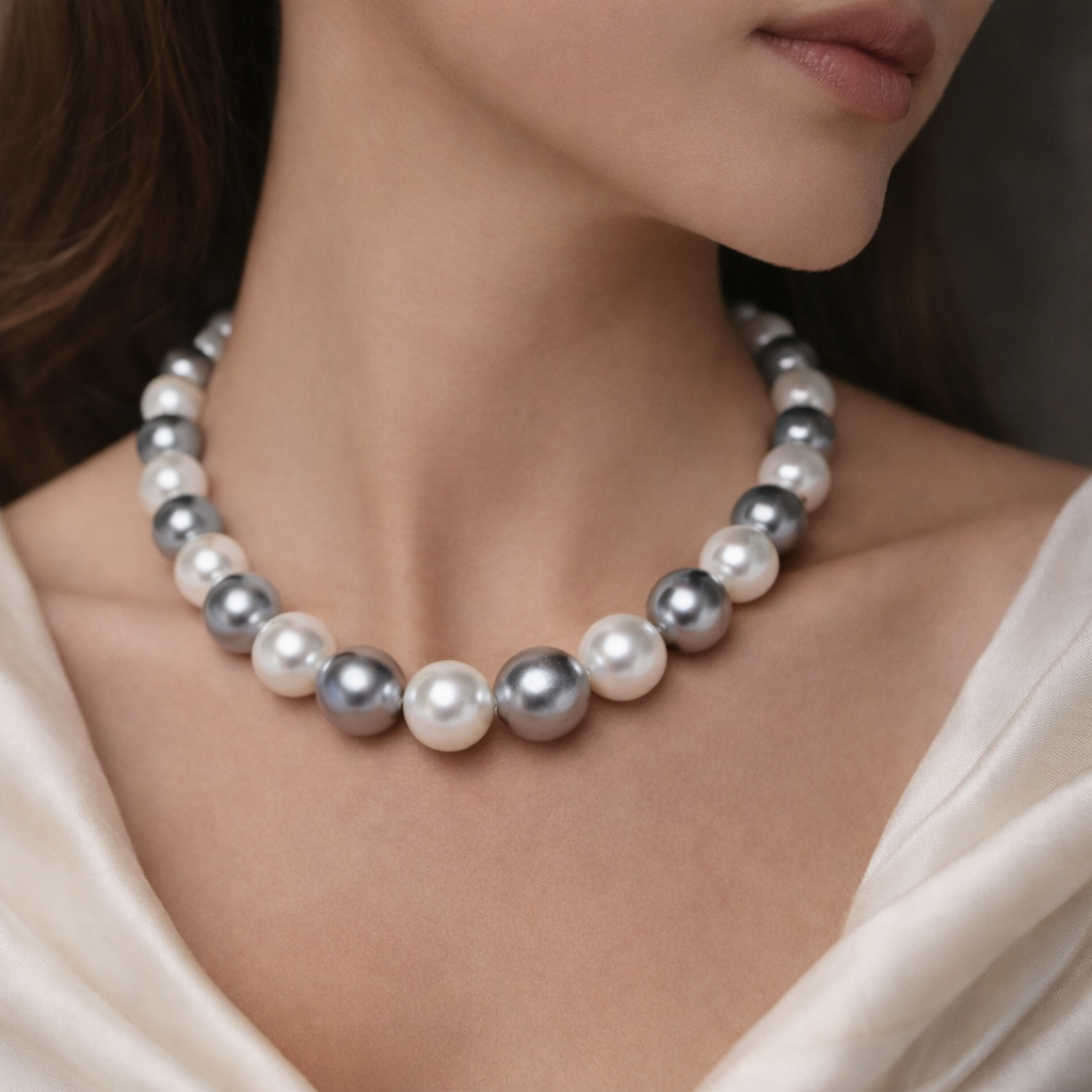 A woman wearing a graded pearl necklace
