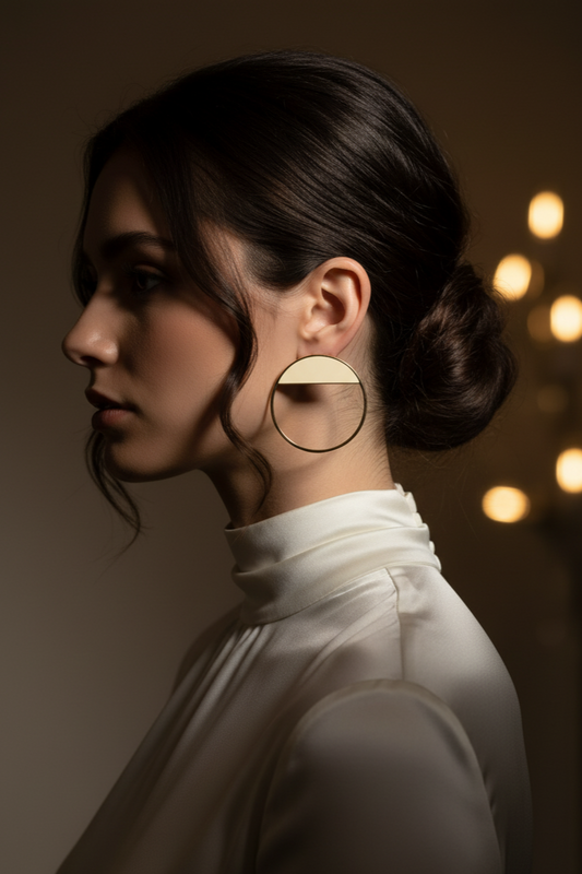 Woman wearing large hoop earrings with a warm, blurred background