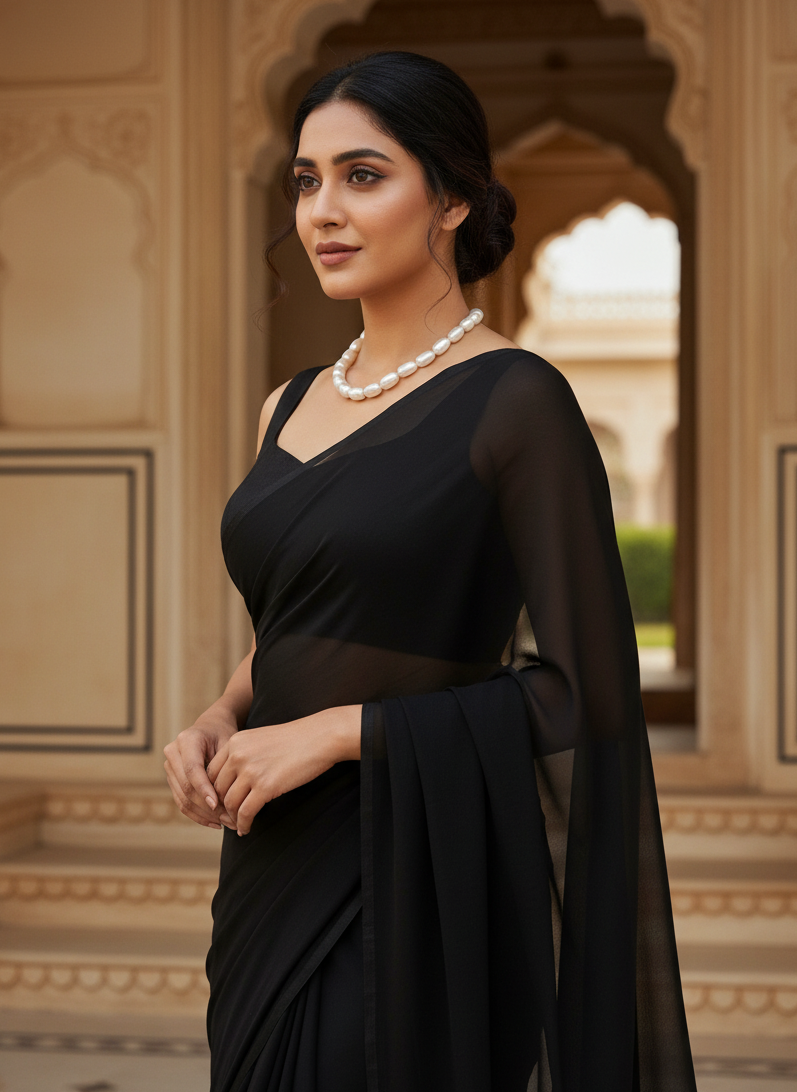 Woman in a black saree with a pearl necklace standing in an ornate architectural setting