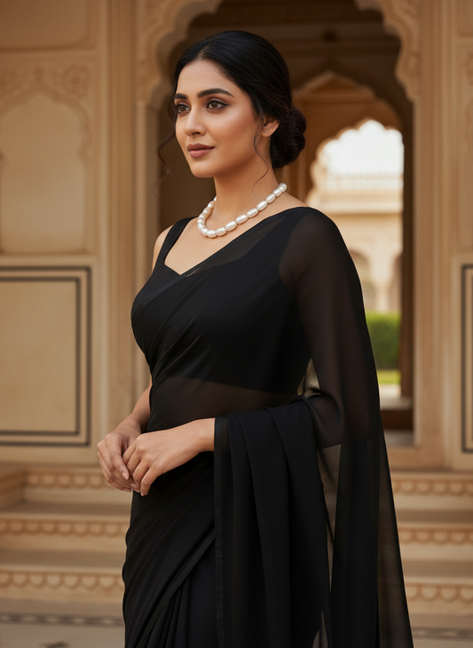 Woman in a black saree with a pearl necklace standing in an ornate architectural setting